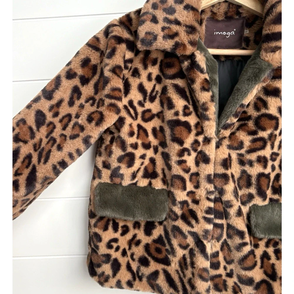 IMOGA Emma Leopard Faux Fur Coat Girls Size 10 Animal Print Jacket Red Trim - Picture 6 of 15
